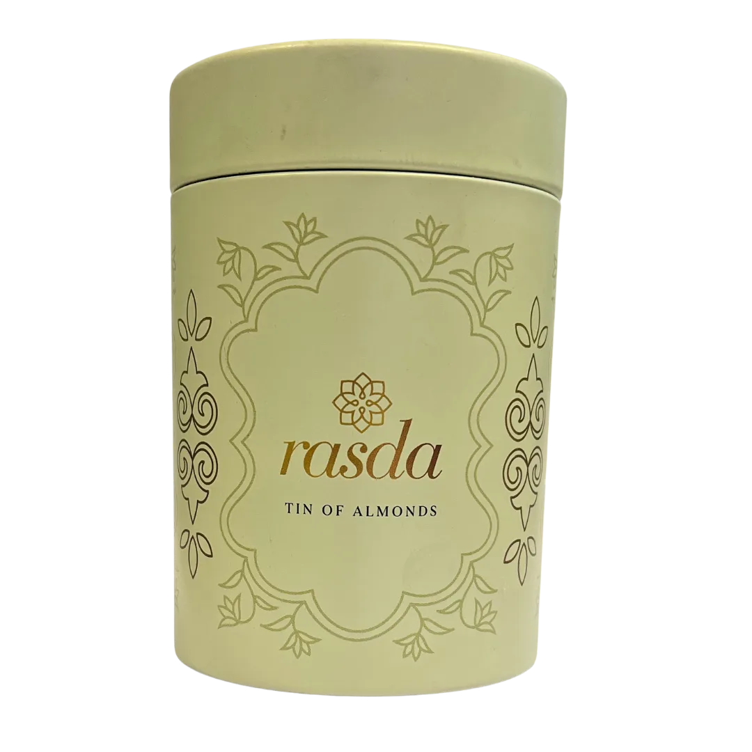 Premium almonds packed in an elegant tin with a clear label
