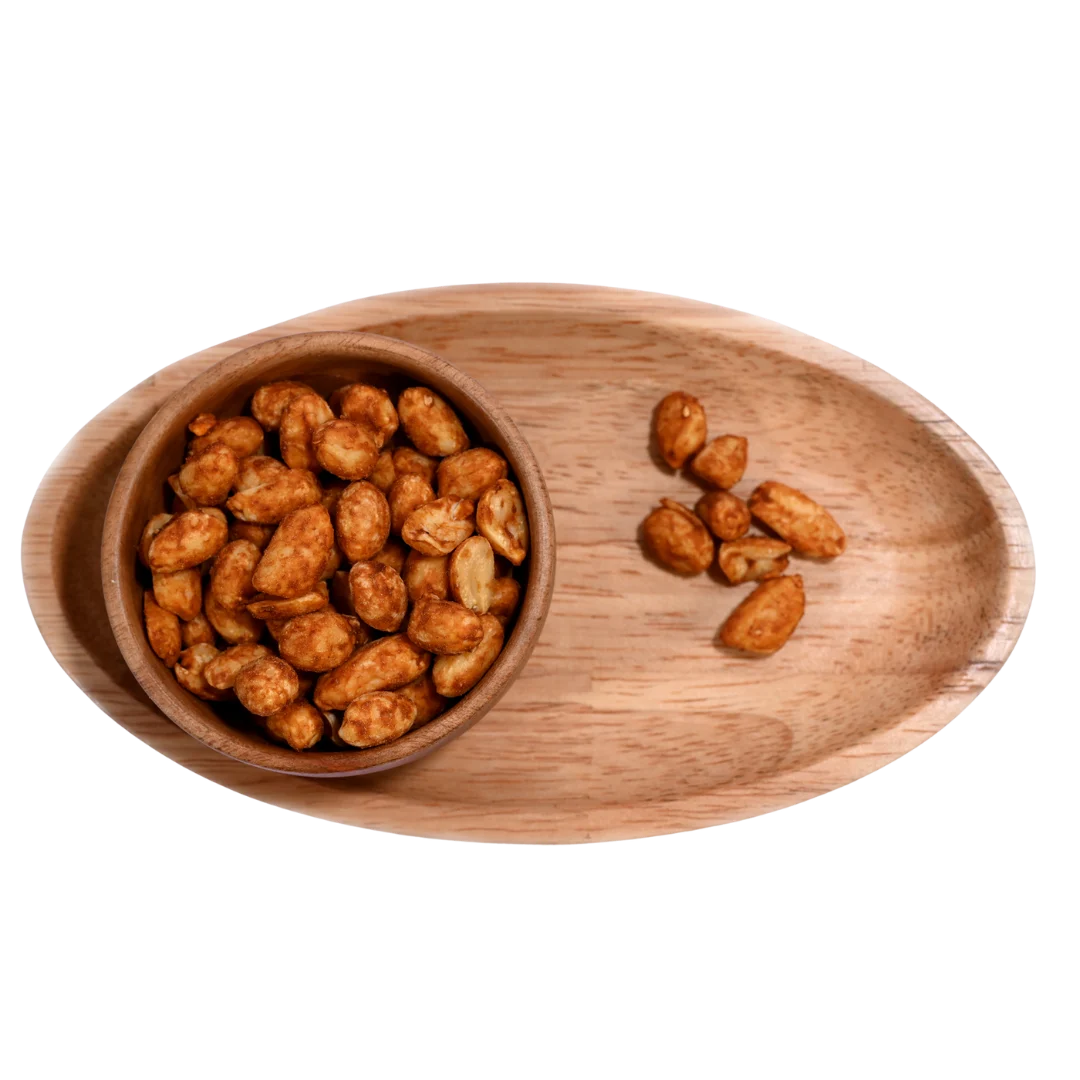 Delicious Barbeque Flavor Roasted Peanuts or Moong Phalee in Wooden Bowl – Savory Healthy Snack for Anytime Cravings