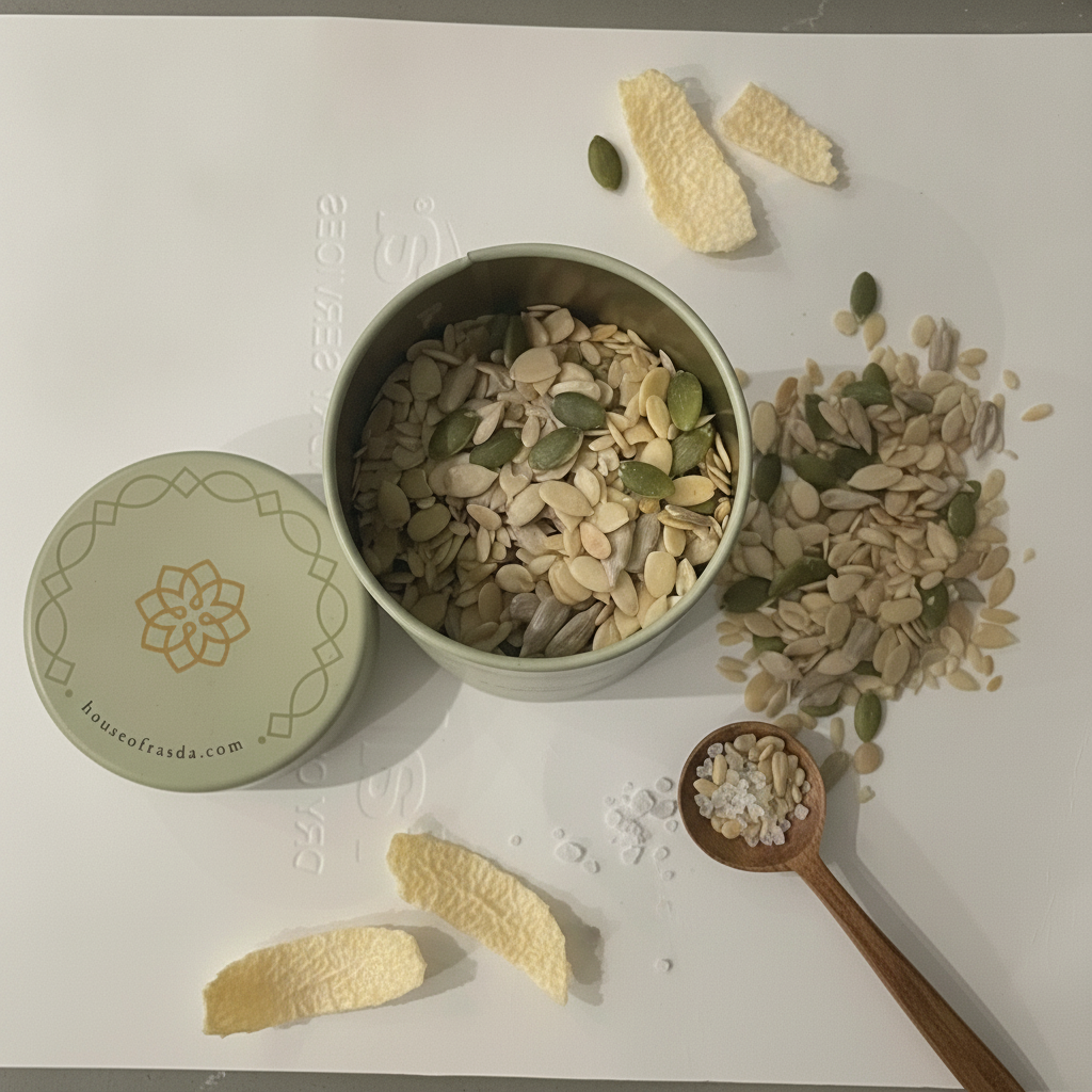 Five seed mix in a green Rasda tin with the lid beside it, a wooden spoon and seeds scattered on a white background