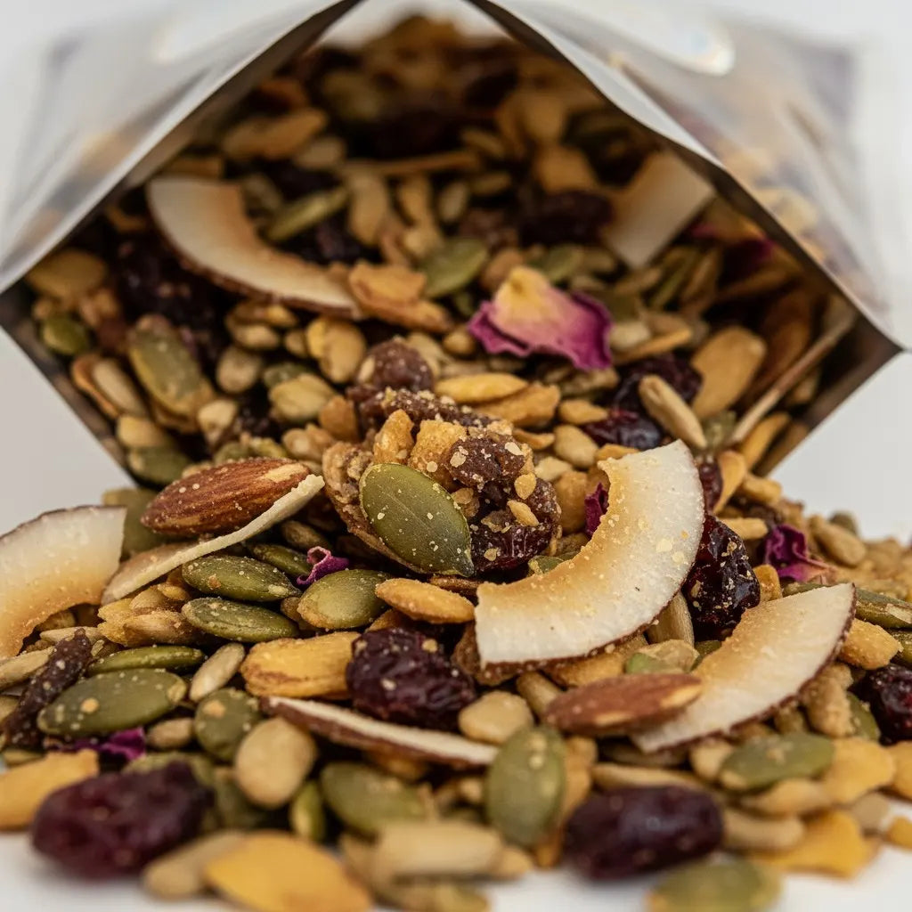 Close up Artisanal Gur Mewa Mix product photo featuring clean, preservative-free blend of jaggery, nuts