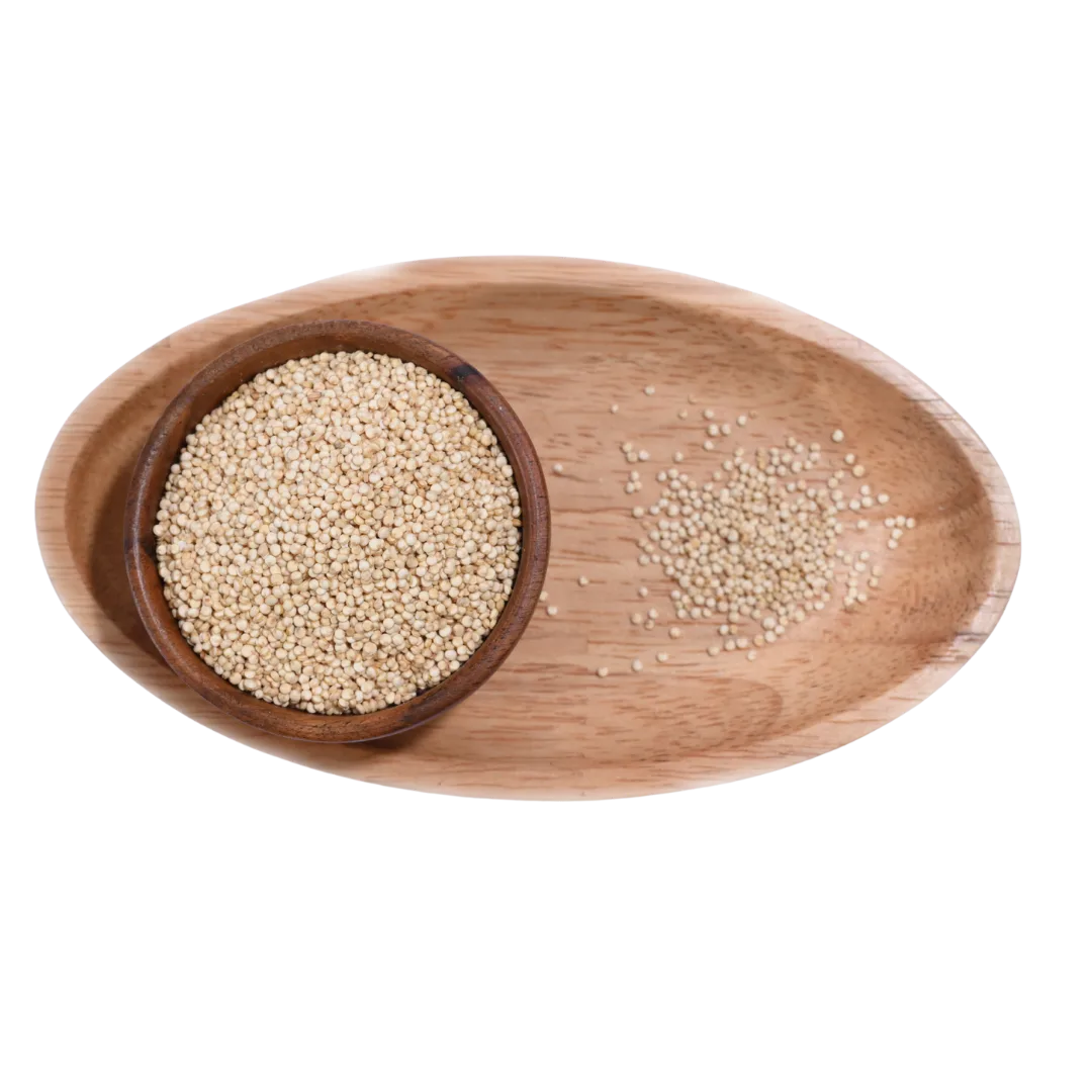 Fresh Quinoa White Seeds in a wooden bowl, showing their smooth surface and natural off-white hue.