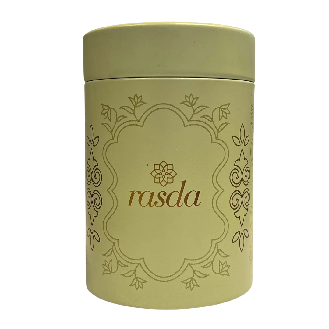 Rasda reusable tin container – elegant green cylindrical dry fruit storage box with floral design perfect for gifting and reuse