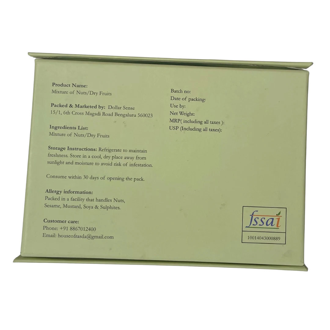 Green box with text and a logo on a white background - Rasika Dry fruits Gift Box with Tins