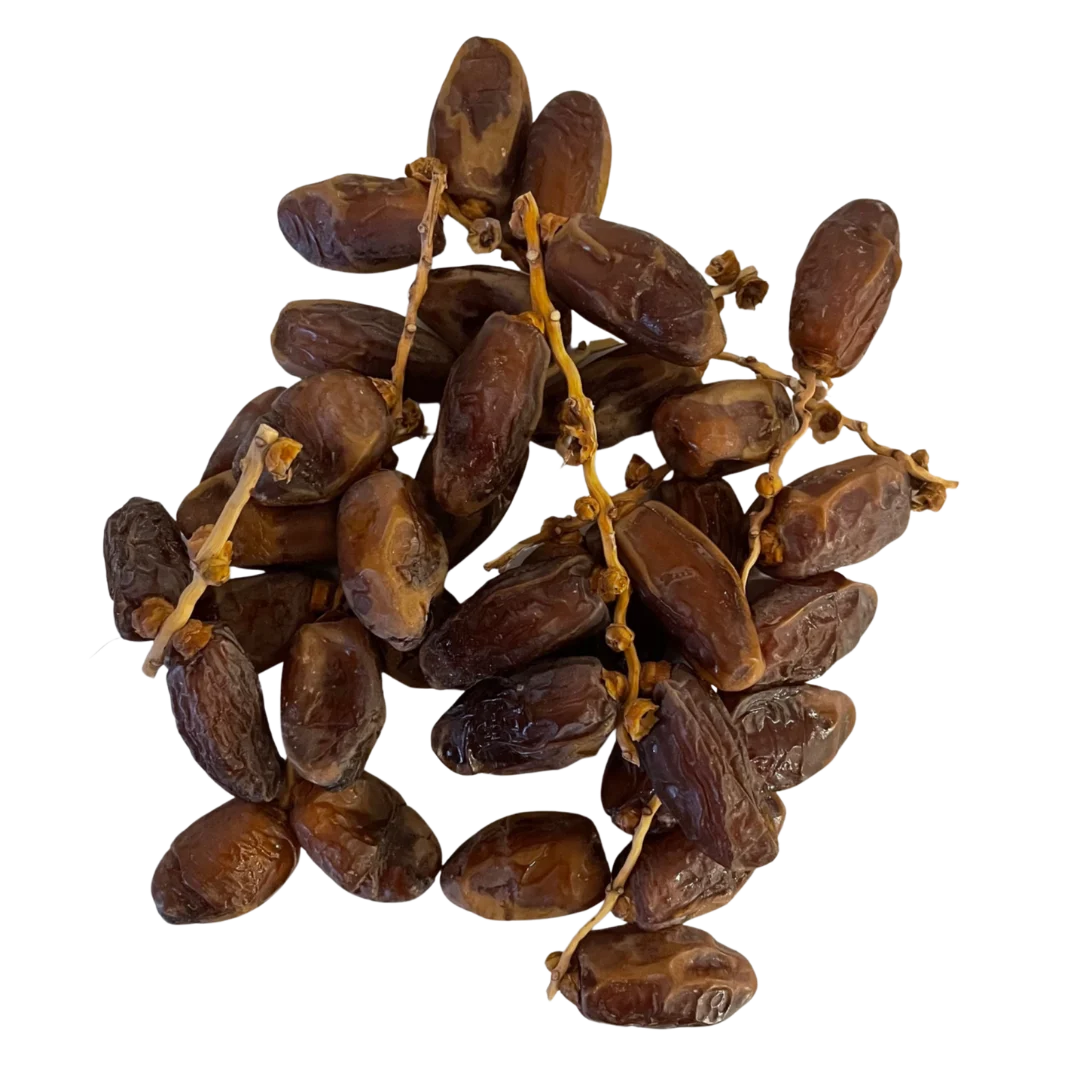 Deglet Noor Dates with branches Tunisia Premium quality on wooden tray – rich, chewy dates