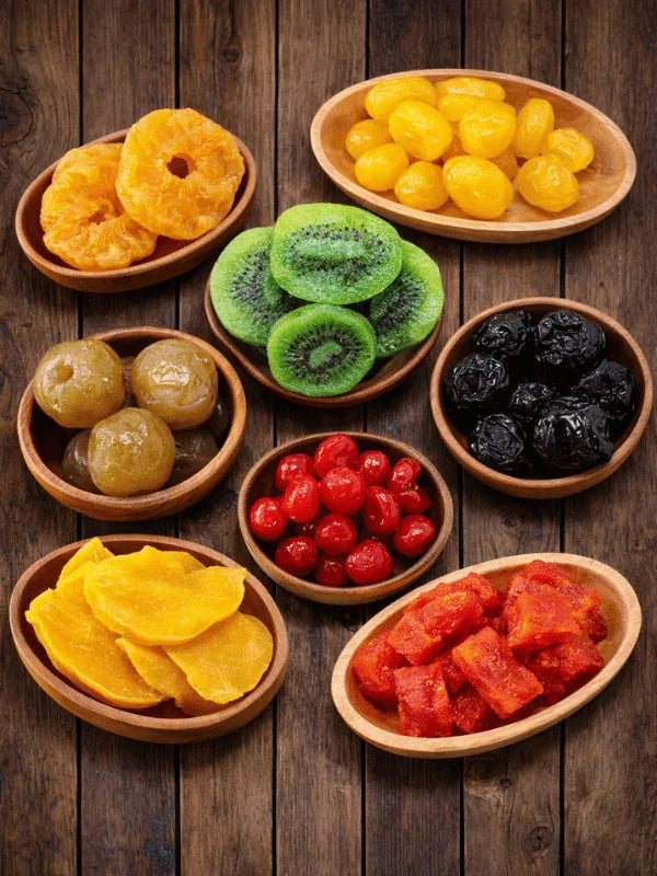Premium dehydrated fruits collection with dried pineapple, kiwi slices, mango, lemon, amla honey and papaya cubes