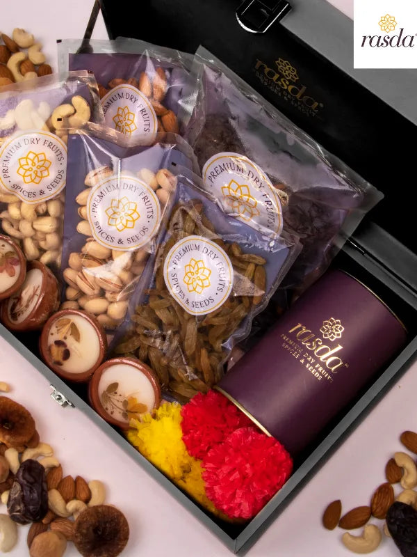 Luxury dry fruits gift box with assorted nuts, raisins and figs packed by House of Rasda.