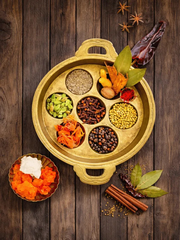 Premium Indian whole spices mix in brass bowl with cardamom, cloves, pepper, and turmeric by House of Rasda.