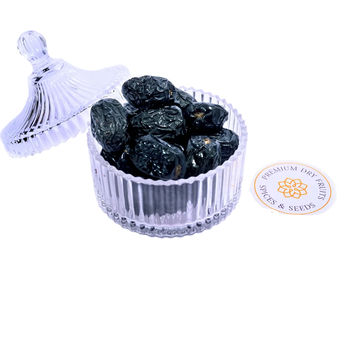 Ajwa Dates Saudi Arabia Premium in glass bowl soft dark dates rich in fiber and natural sweetness
