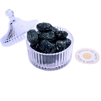 Ajwa Dates Saudi Arabia Premium in glass bowl soft dark dates rich in fiber and natural sweetness