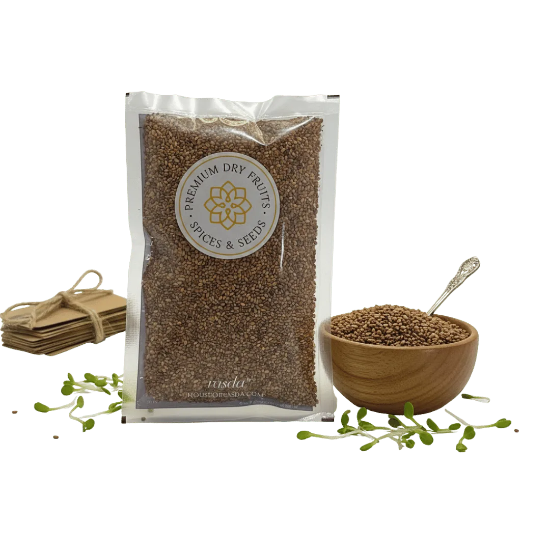 Packaged Alfalfa Seeds with a bowl and spoon on a white background