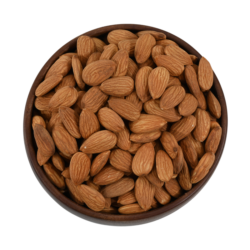Fresh Almond jumbo displayed in a traditional wooden bowl, showcasing their premium quality and richness.