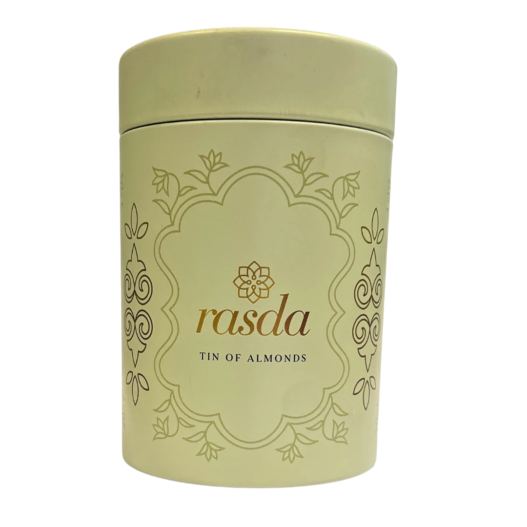Light green tin of Almonds with 'rasda' branding on a white background