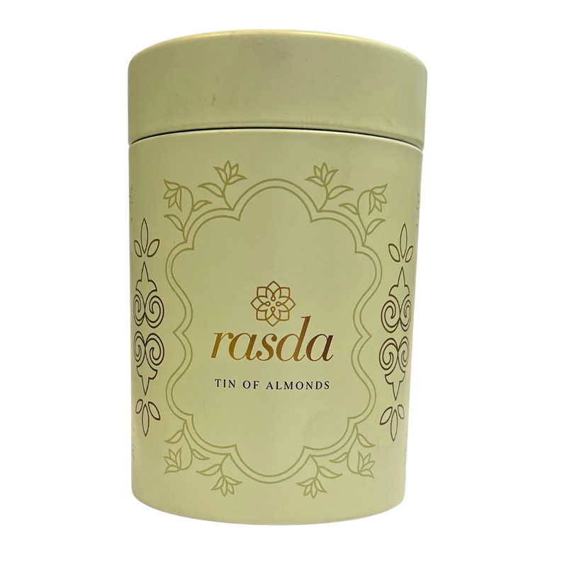 Light green tin of Almonds with 'rasda' branding on a white background