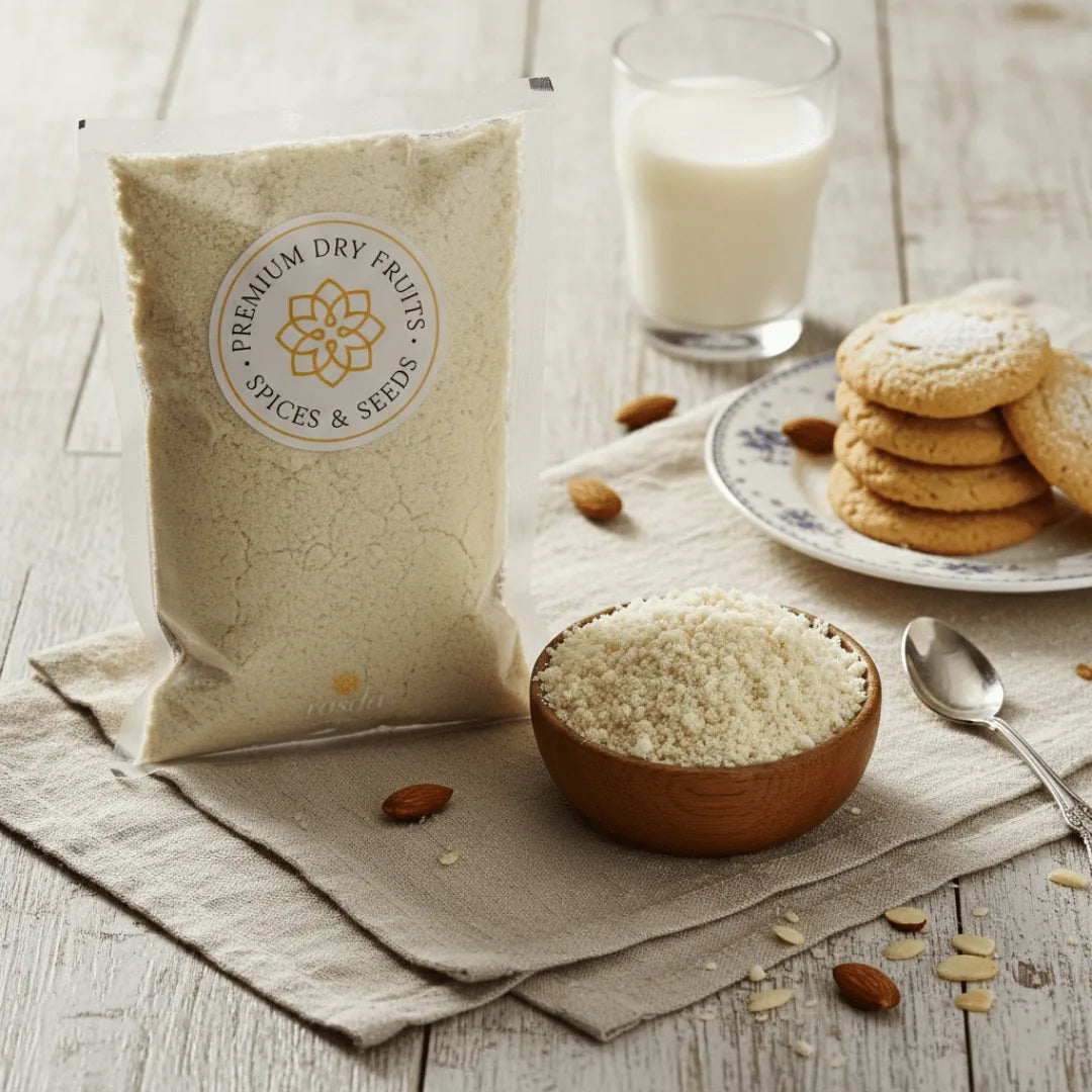 Bag of premium Almond Flour, bowl of Blanched Almond Flour, cookies, and glass of milk on a wooden surface.