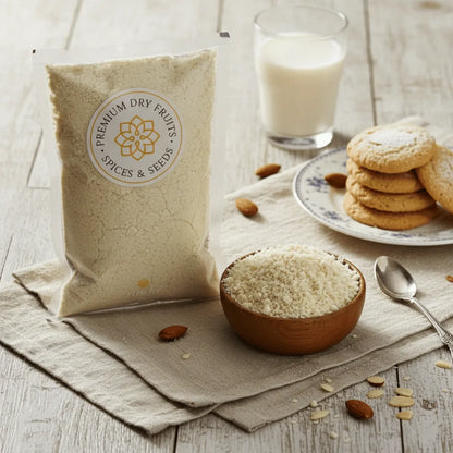 Bag of premium Almond Flour, bowl of Blanched Almond Flour, cookies, and glass of milk on a wooden surface.