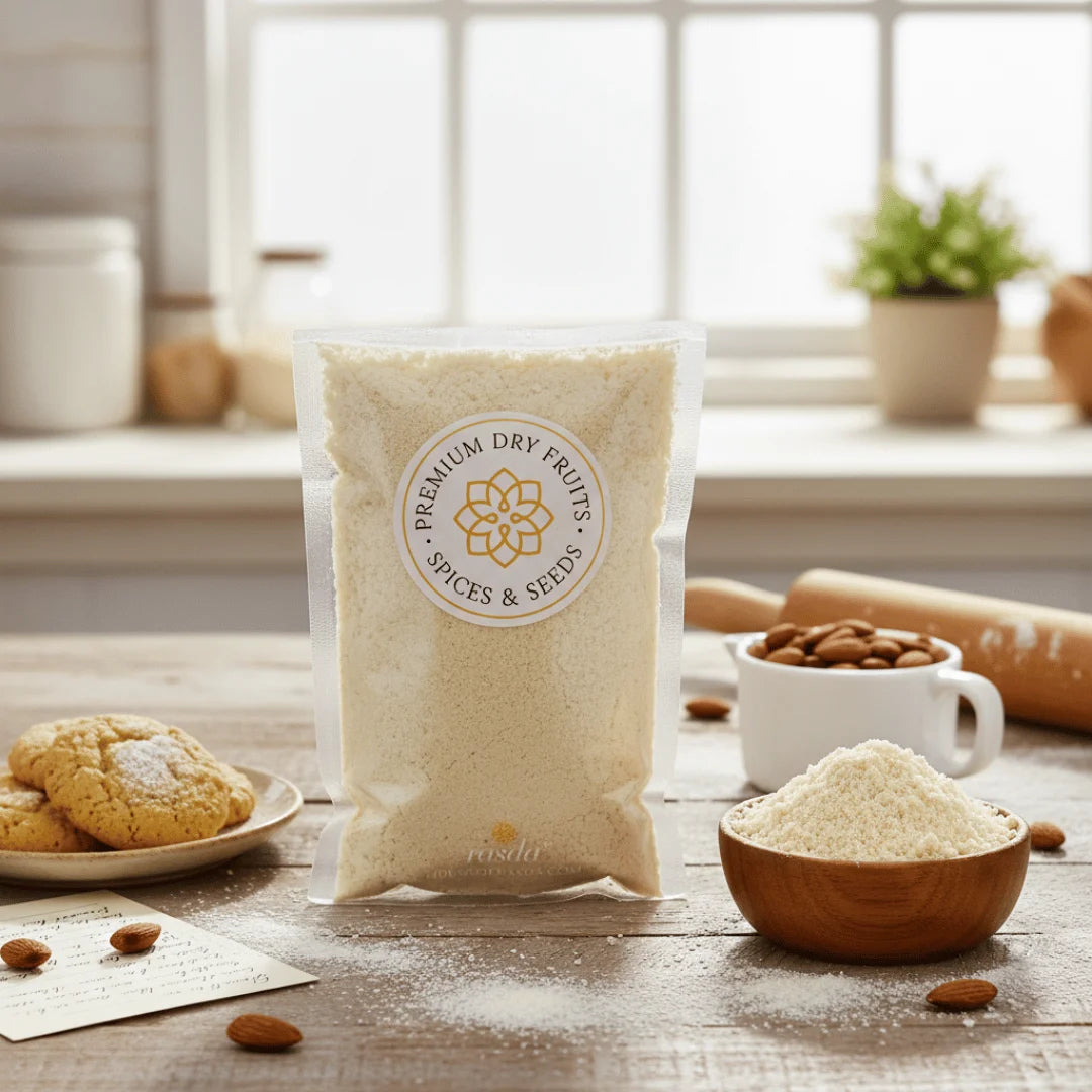 Packaged with a  Blanched Almond Flour visible brand logo on a kitchen counter with baking items.