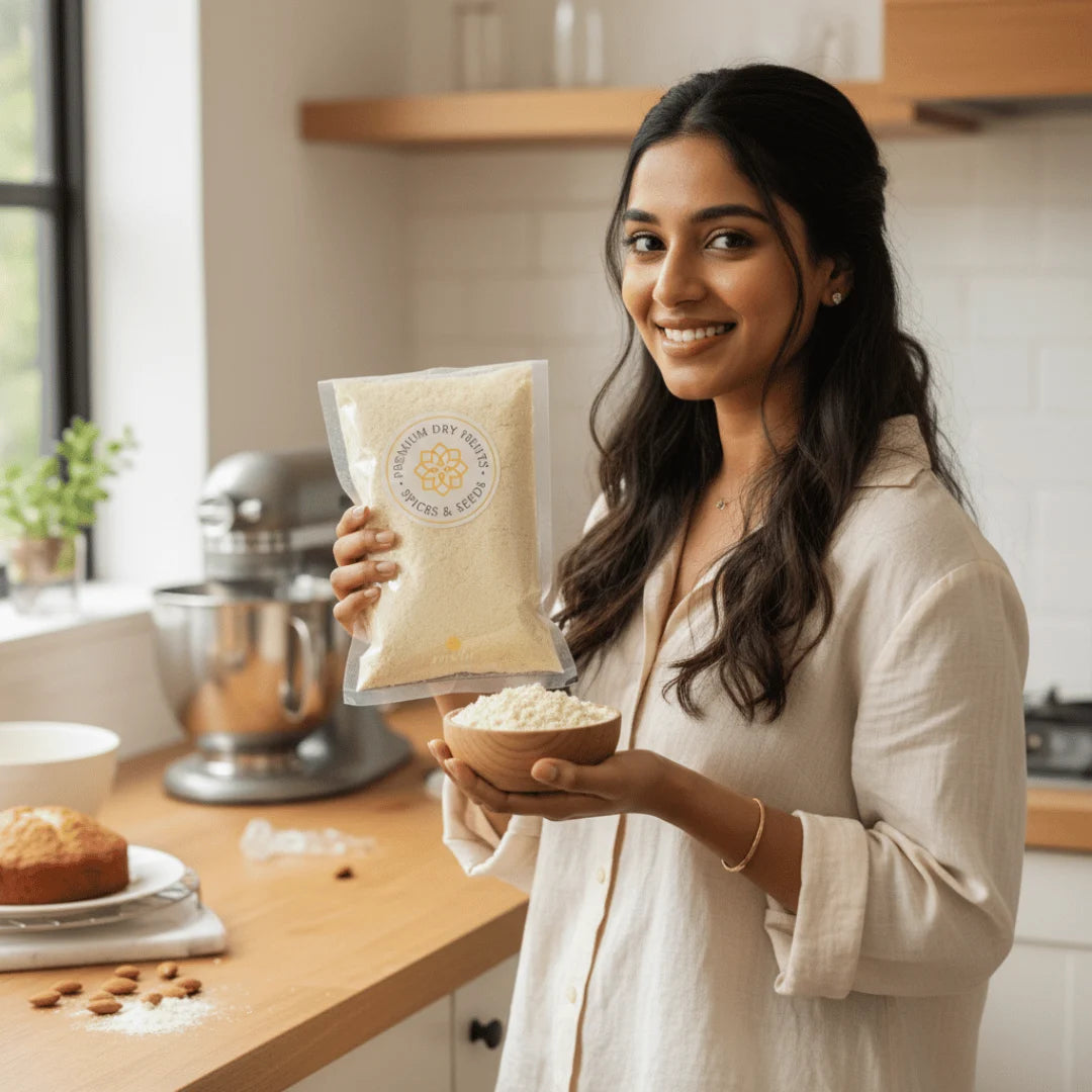 Woman holding a bag and a bowl of  Blanched Almond Flour in a kitchen