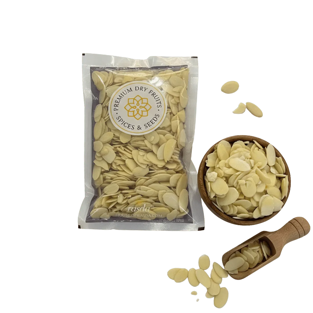 Packaged premium Almonds Blanched Sliced with a bowl and scoop on a white background