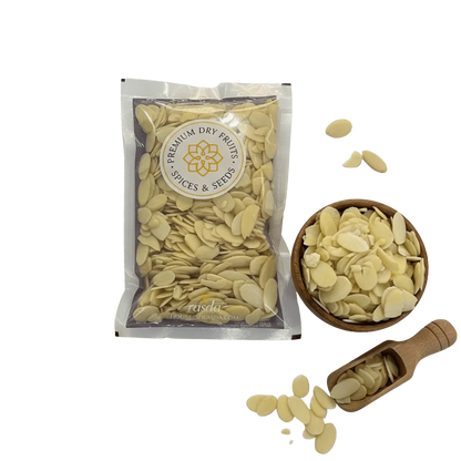 Packaged premium Almonds Blanched Sliced with a bowl and scoop on a white background