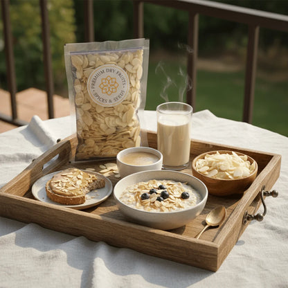 Breakfast tray with bowl of cereal, toast, and a glass of milk and Pack of Almonds Blanched Sliced on a wooden tray outdoors.