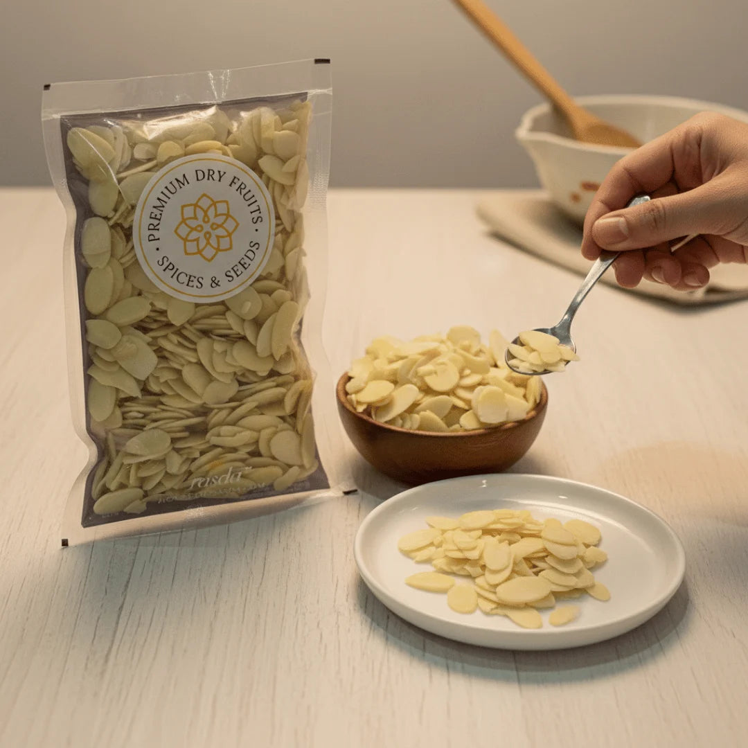 Packaged Almonds Blanched Sliced, a bowl, and a plate with a hand using a spoon on a light surface.