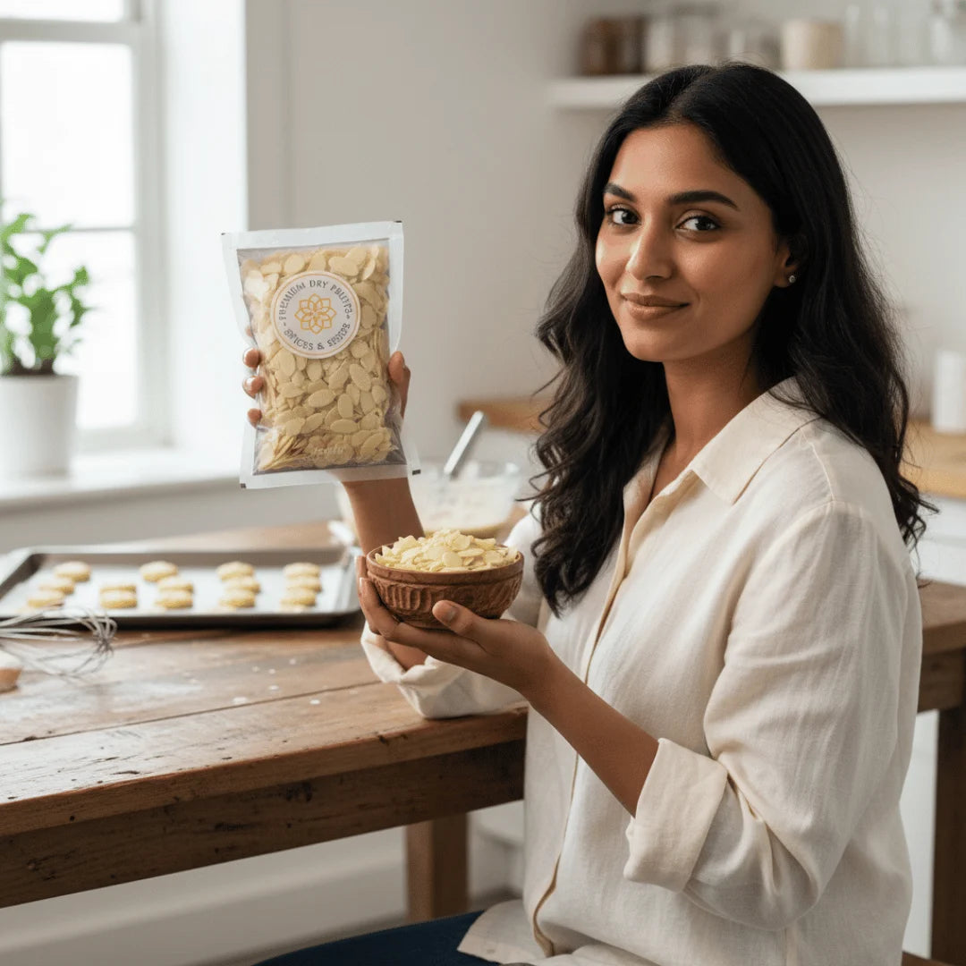 Woman holding a bowl of Almonds Blanched Sliced and a package of pasta in a kitchen.