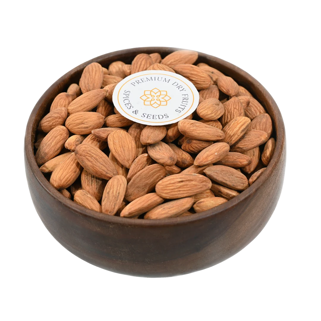 Premium California Almonds Badam in wooden bowl – rich protein dry fruits for healthy snacks and immunity boost