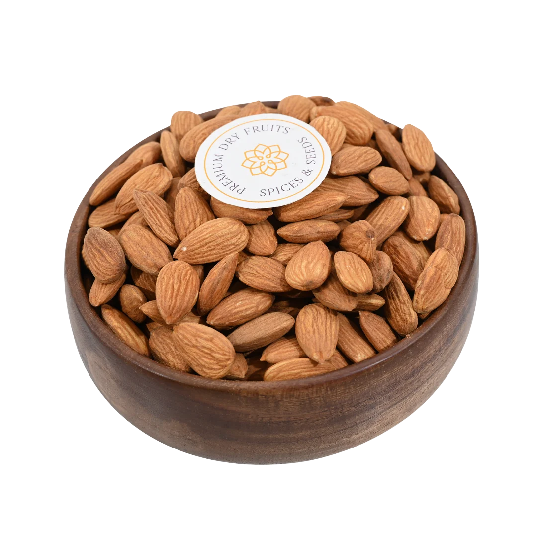 Premium Jumbo Almonds Badam in wooden bowl – extra large California dry fruits rich in protein and vitamin E