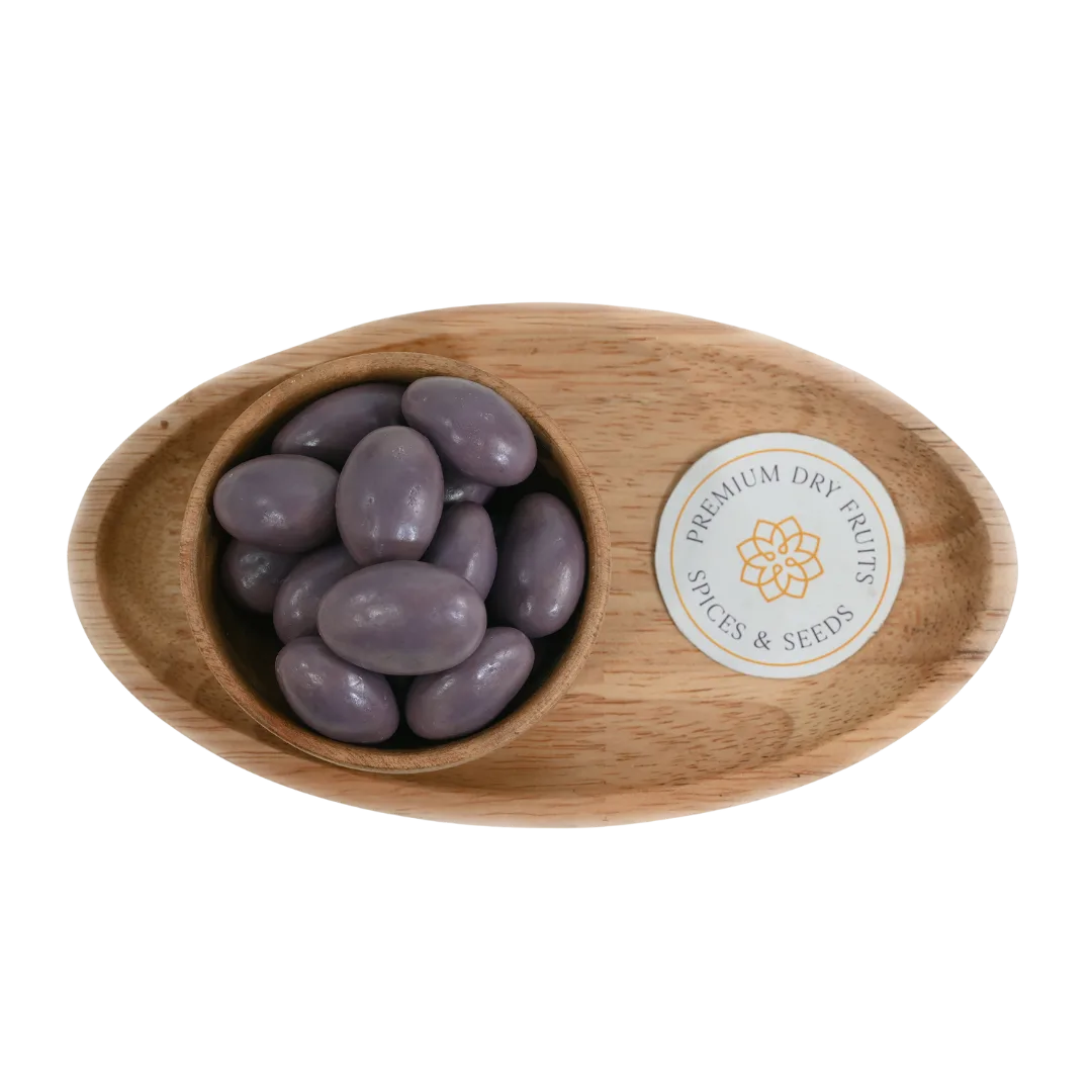Blueberry Chocolate Coated Almonds Badam close up – crunchy dry fruits dipped in fruity blueberry flavored chocolate perfect for gifting