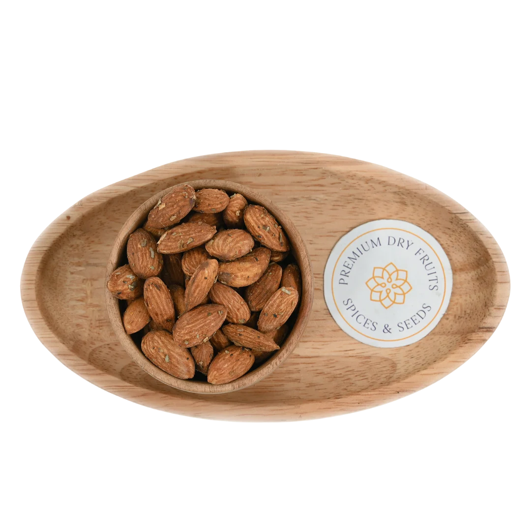 Premium Chilly Garlic Almonds Badam close up – spicy roasted dry fruits rich in protein and flavor perfect for party and travel snacking