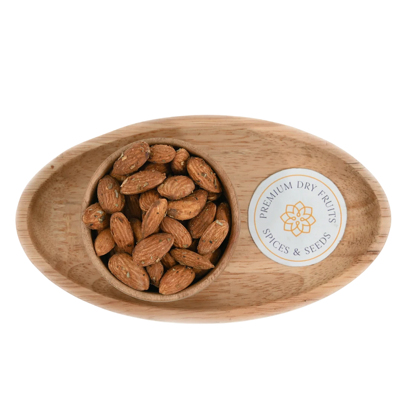 Premium Chilly Garlic Almonds Badam close up – spicy roasted dry fruits rich in protein and flavor perfect for party and travel snacking