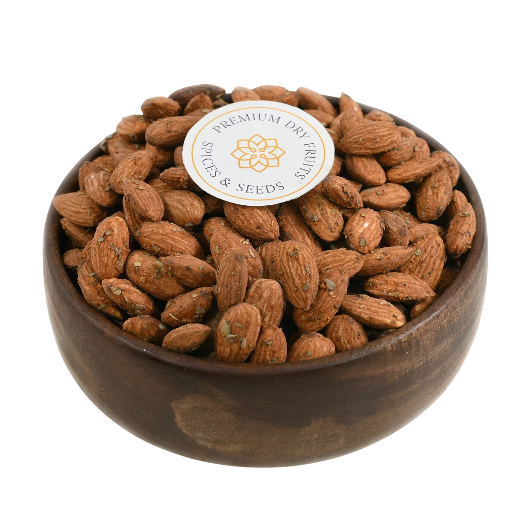 Chilly Garlic Spiced Almonds Badam on rustic background – crunchy roasted nuts with bold seasoning for energy and taste lovers