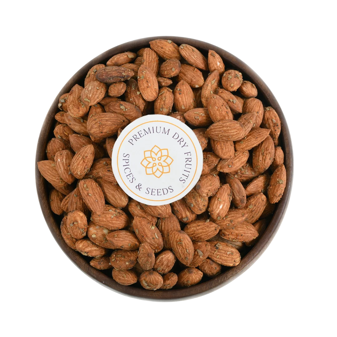 House of Rasda Almonds Chilly Garlic Spiced Badam pack – premium flavored dry fruits ideal for gifting and healthy spicy snacking