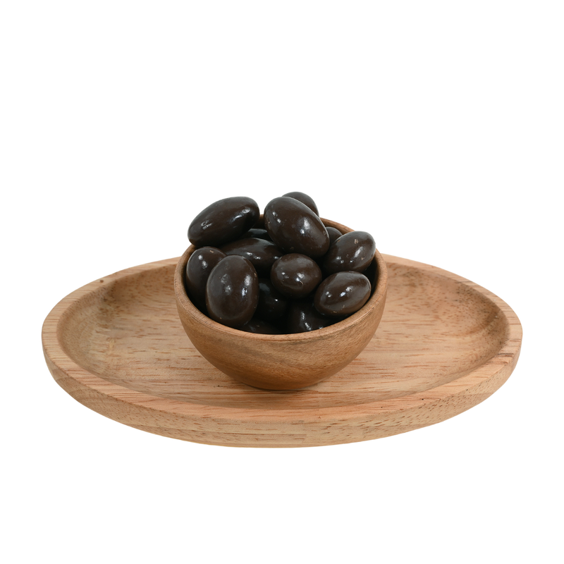 A rustic wooden bowl brimming with Almonds Chocolate Coated, capturing the luxurious texture and inviting appeal of the chocolate-dipped almonds.