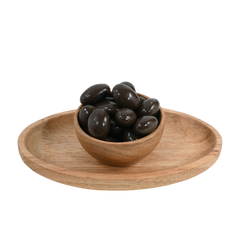 A rustic wooden bowl brimming with Almonds Chocolate Coated, capturing the luxurious texture and inviting appeal of the chocolate-dipped almonds.
