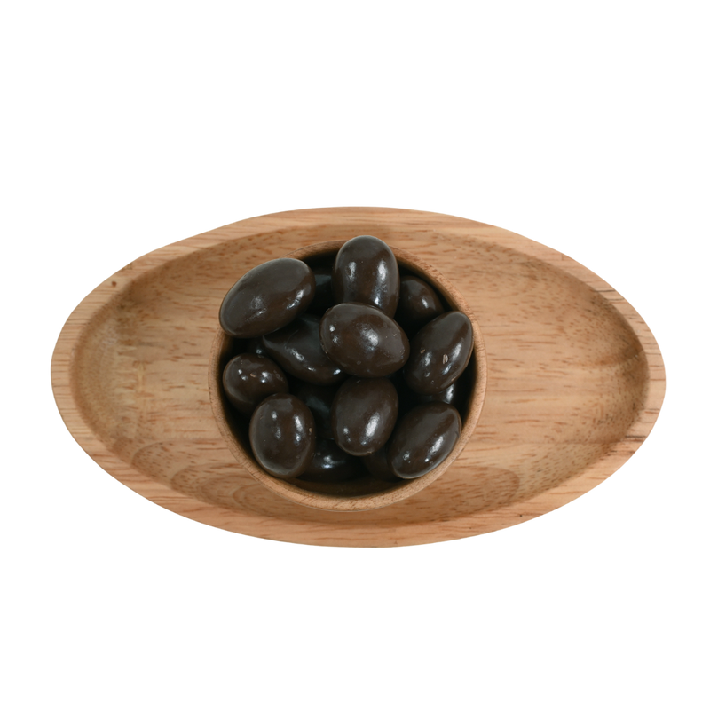 Top view of a wooden bowl filled with Almonds Chocolate Coated, showcasing the perfect blend of crunchy almonds and silky chocolate.