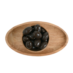 Top view of a wooden bowl filled with Almonds Chocolate Coated, showcasing the perfect blend of crunchy almonds and silky chocolate.