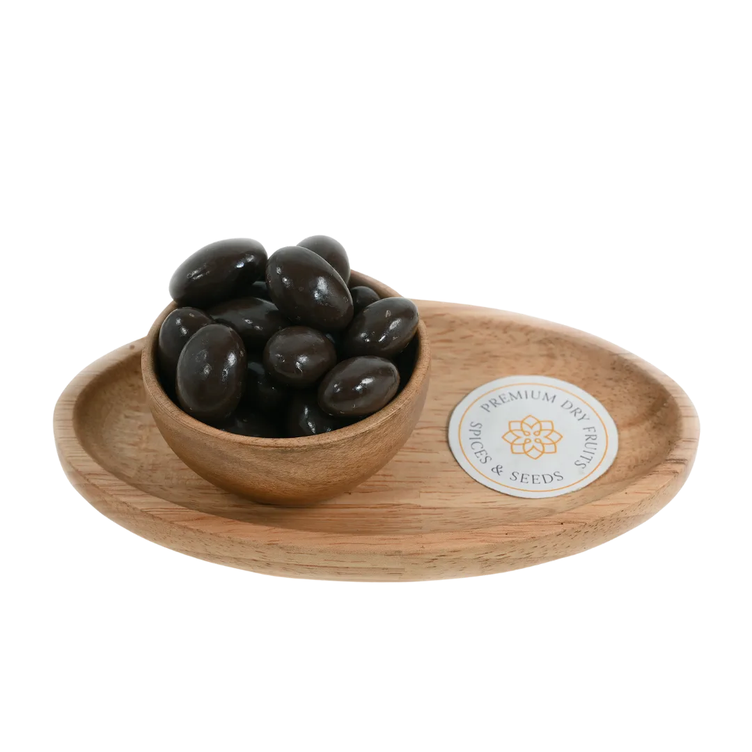 Almonds Chocolate Coated Badam in wooden bowl – premium roasted almonds covered in rich chocolate for healthy indulgent