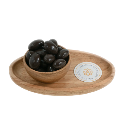 Almonds Chocolate Coated Badam in wooden bowl – premium roasted almonds covered in rich chocolate for healthy indulgent