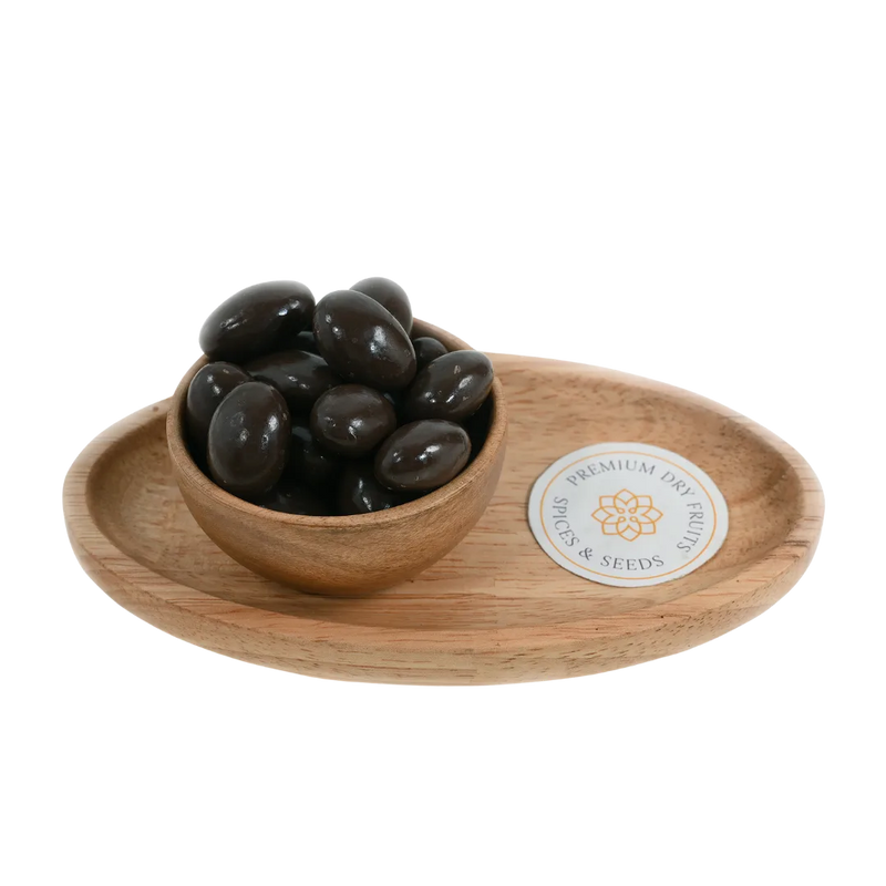 Almonds Chocolate Coated Badam in wooden bowl – premium roasted almonds covered in rich chocolate for healthy indulgent snacking