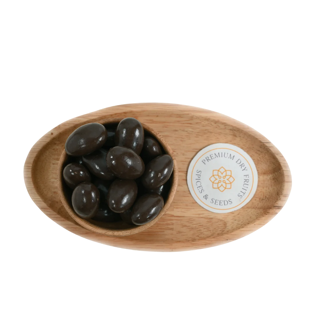 Chocolate Coated Almonds Badam close up – crunchy dry fruits dipped in smooth chocolate perfect for desserts and gifting