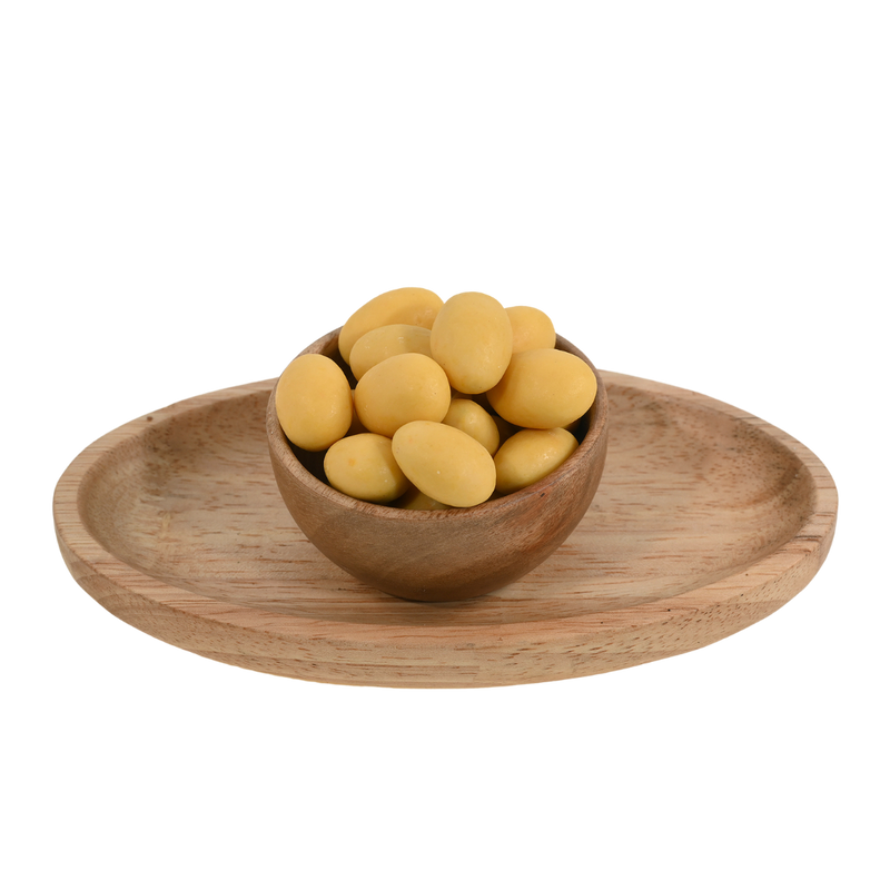 Detailed shot of Almonds Mango Chocolate Coated in a wooden bowl, where each almond shines with a glossy chocolate coat and a touch of exotic mango essence.