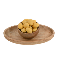 Detailed shot of Almonds Mango Chocolate Coated in a wooden bowl, where each almond shines with a glossy chocolate coat and a touch of exotic mango essence.