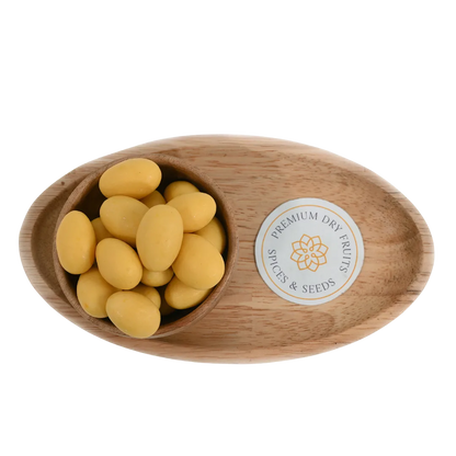 Mango Chocolate Coated Almonds Badam close up – crunchy dry fruits dipped in rich mango chocolate perfect for festive
