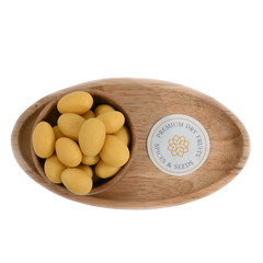 Artistic display of Almonds Mango Chocolate Coated in a handcrafted wooden bowl, capturing the blend of crunchy almonds, velvety chocolate, and bright mango accents.