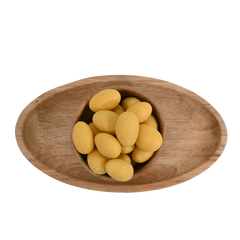 Top view of a wooden bowl filled with Almonds Mango Chocolate Coated, emphasizing the smooth chocolate finish accented by subtle mango notes.