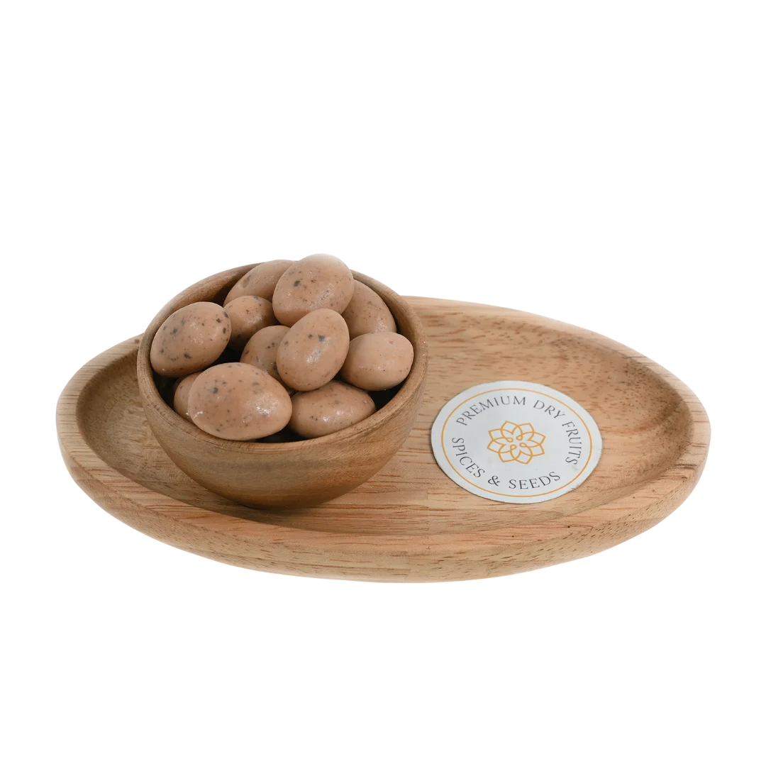 Almonds Oreo Chocolate Coated Badam in wooden bowl – crunchy roasted almonds coated with rich chocolate and oreo crumbs for premium sweet snacks