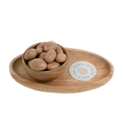 Almonds Oreo Chocolate Coated Badam in wooden bowl – crunchy roasted almonds coated with rich chocolate and oreo crumbs