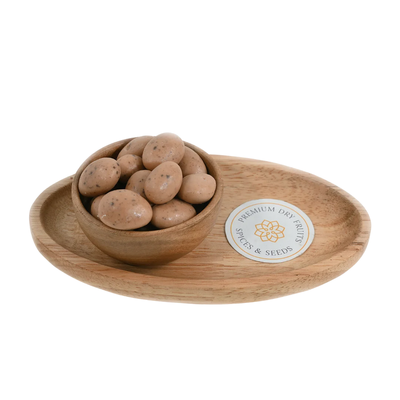 Almonds Oreo Chocolate Coated Badam in wooden bowl – crunchy roasted almonds coated with rich chocolate and oreo crumbs for premium sweet snacks