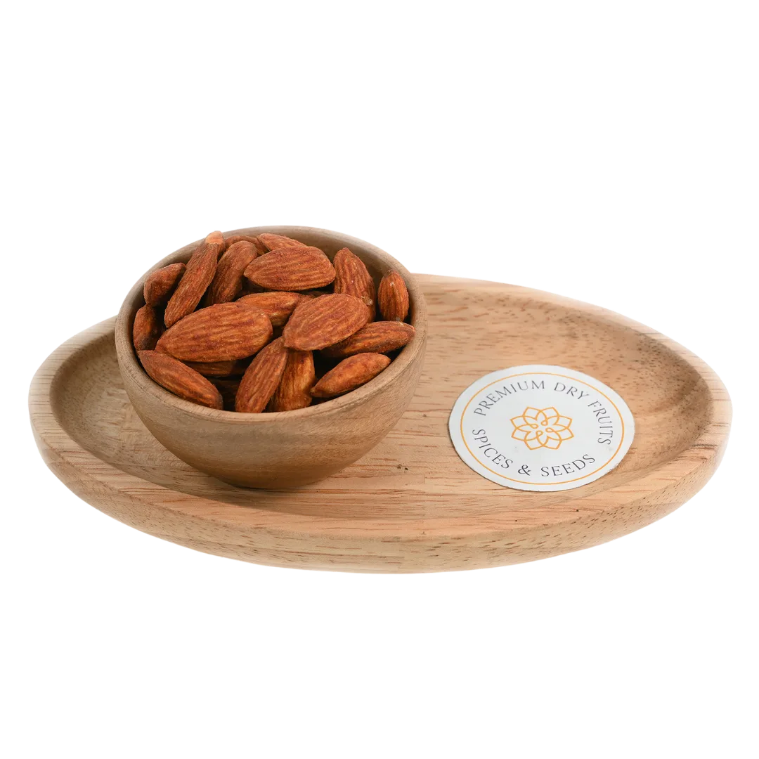 Almonds Peri Peri Spiced Badam in wooden bowl – crunchy roasted almonds coated with hot peri peri spices for bold tangy snacking